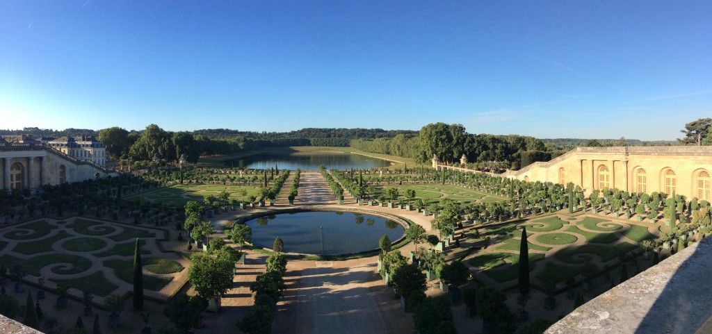 Overlooking one of the many gardens in morning dawn; considered the epitome of French formal gardens showcasing symmetry